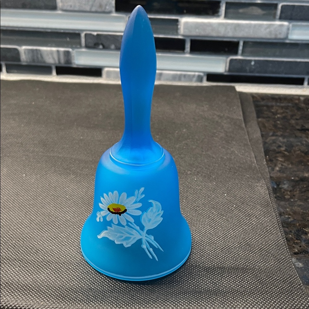 Vintage Westmoreland Blue Satin Glass Bell Hand-painted White Daisies. 5”